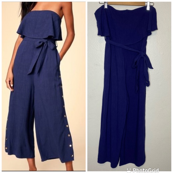 Lulus Pants - Lulu’s Lanah Navy Blue Strapless Snap Up Leg Jumpsuit